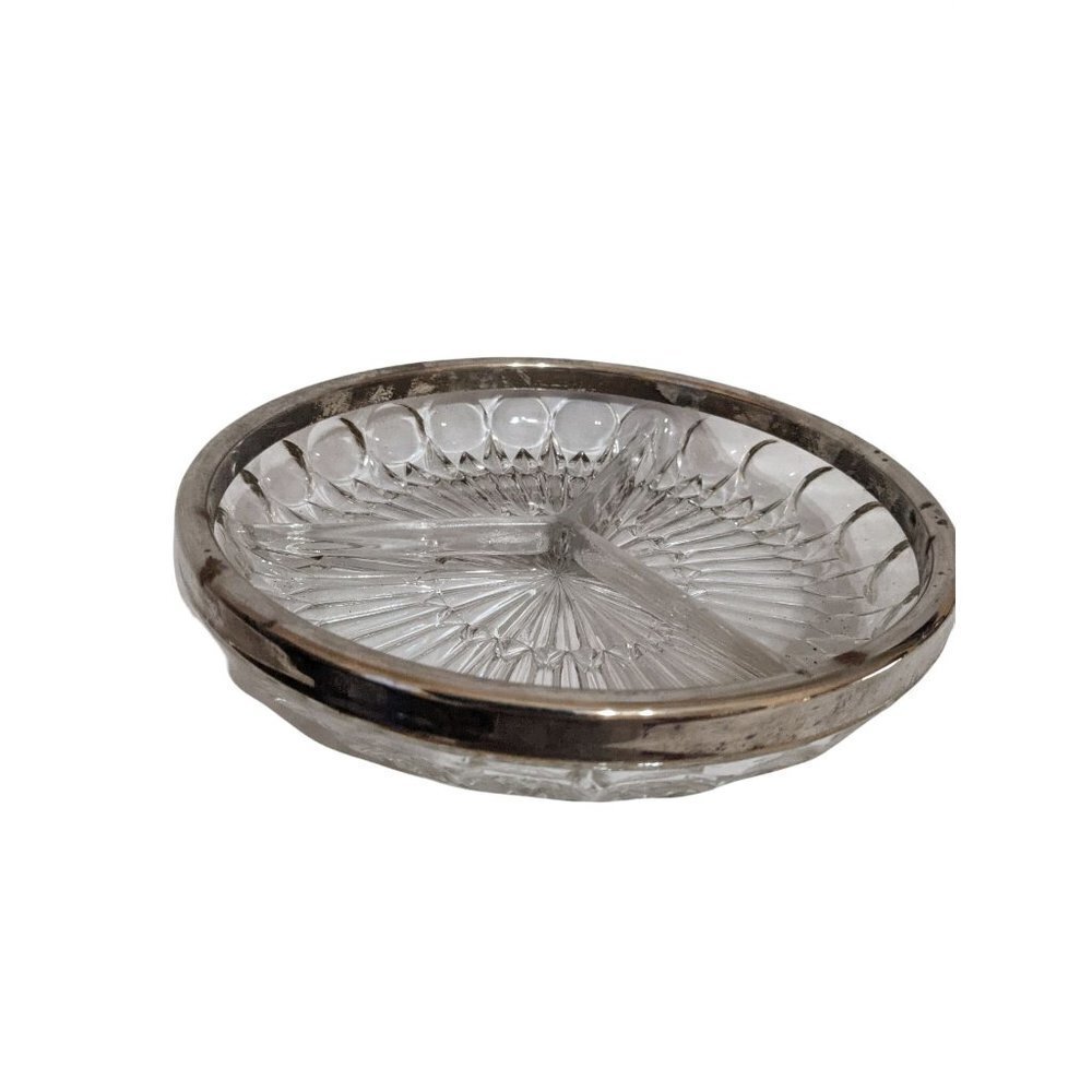 CUT GLASS BOWL WITH‎ SILVER PLAT divided serving vegetable bowl   83/4in